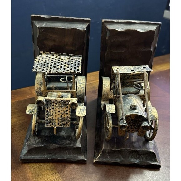 Vintage Wooden Bookends with Metal Sculptured Cars dark wooden base - Picture 1 of 11